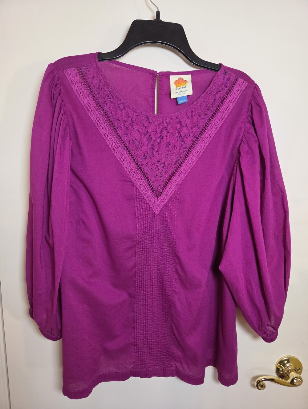 Farm Rio Anthropologie Kelsie Purple Magenta Blouse Boho Lace Peasant Puff  XL